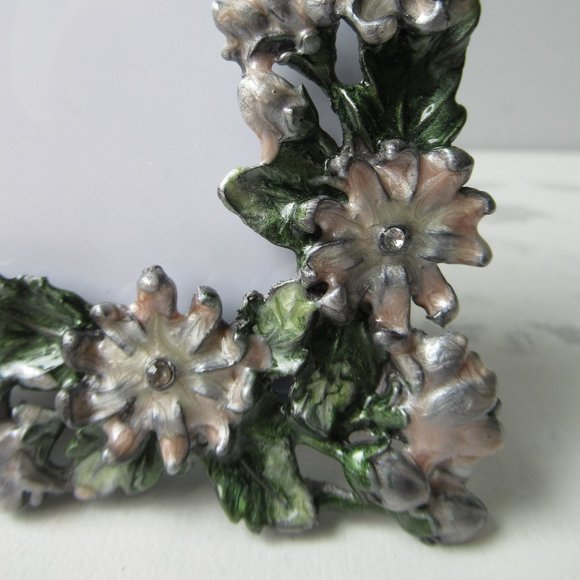 Enamel Floral Leaf Rhinestone Pink Flowers Small Picture Frame - Picture 4 of 9